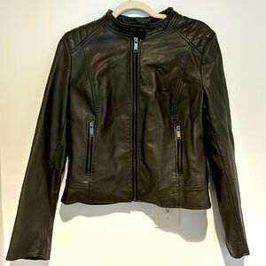 Almost new bomber style faux leather coat by French Connection, in dark olive.